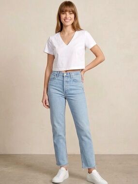 Re/Done Straight Leg‎ Light Blue Denim Jeans with Frayed Hem, Size 30